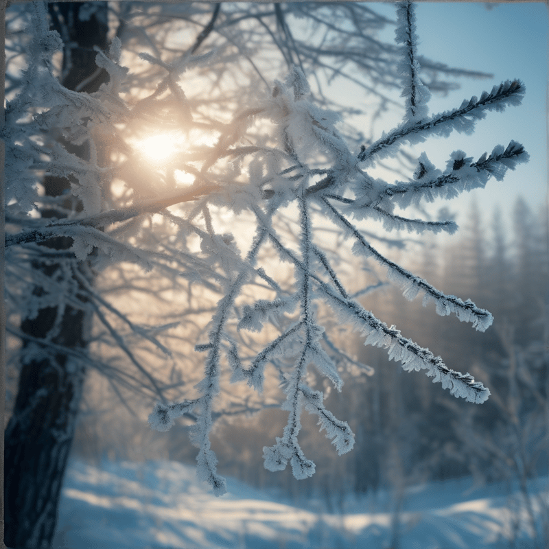 Golden sunlight filters through frost-covered branches in a snowy forest illuminating icy twigs with warm light