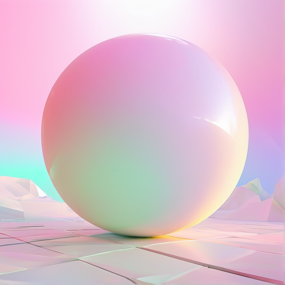 A large pastel sphere rests on a geometric tiled surface surrounded by low poly mountains in soft lighting.