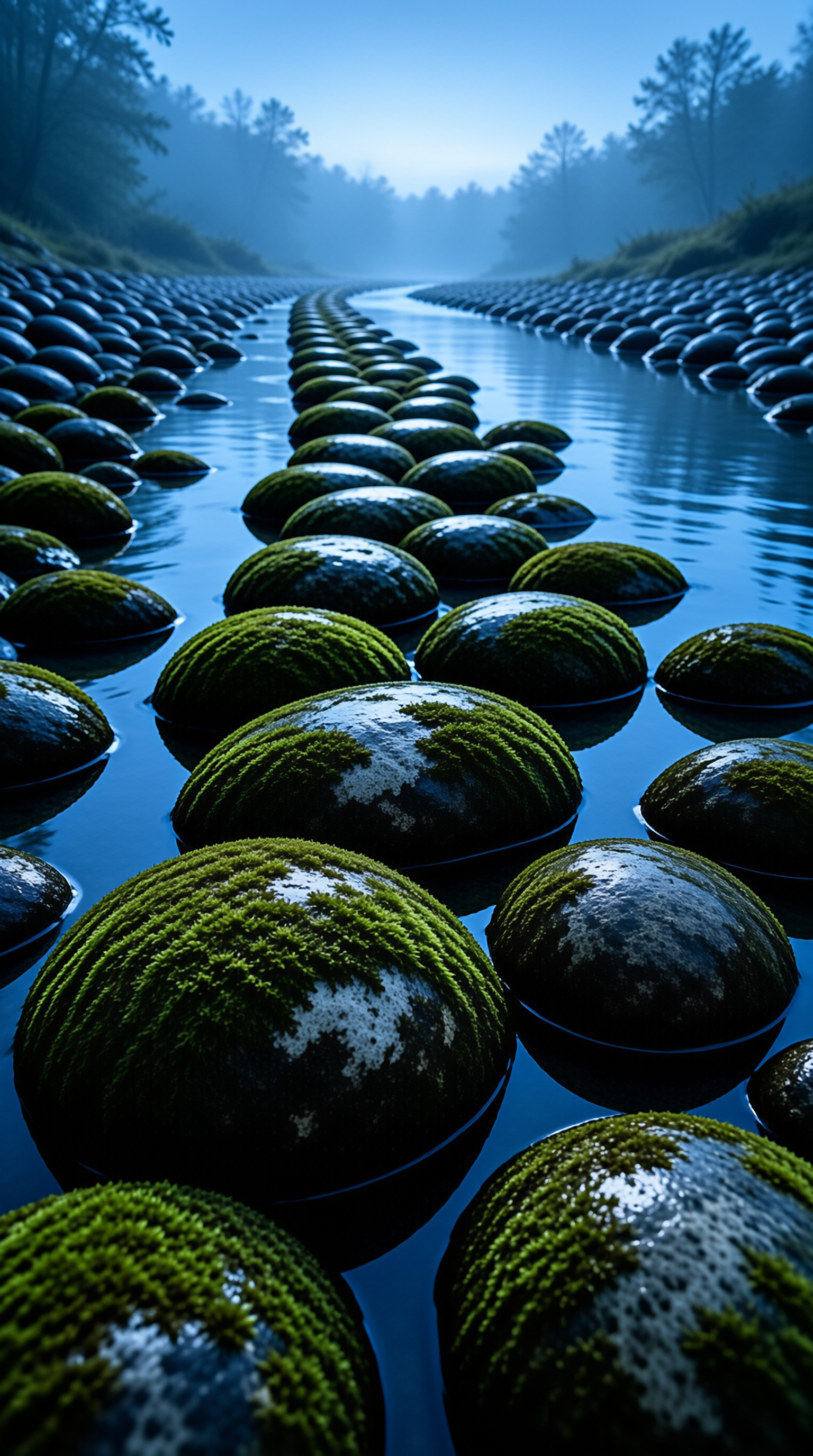 Rows of green mossy domes float in a mirror-calm river that winds through a hazy blue dawn forest.