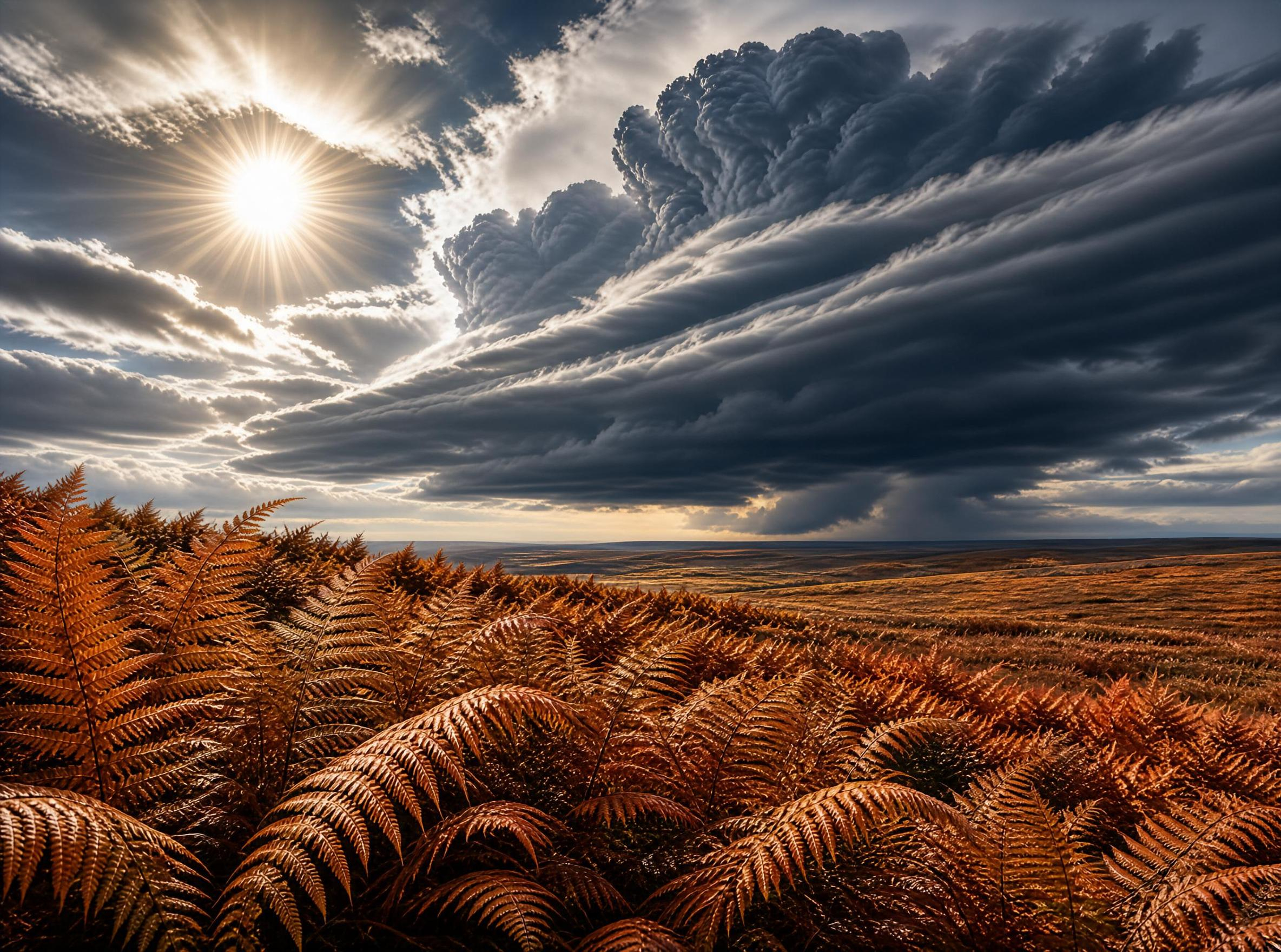 Autumn Landscape with Ferns and Stormy Sky