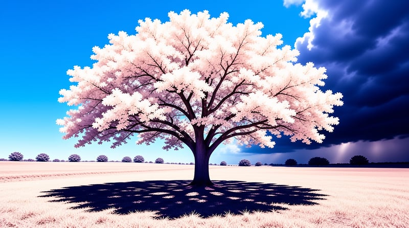 A pink flowering tree stands in a dry field under a sky split between bright blue and dark storm clouds.