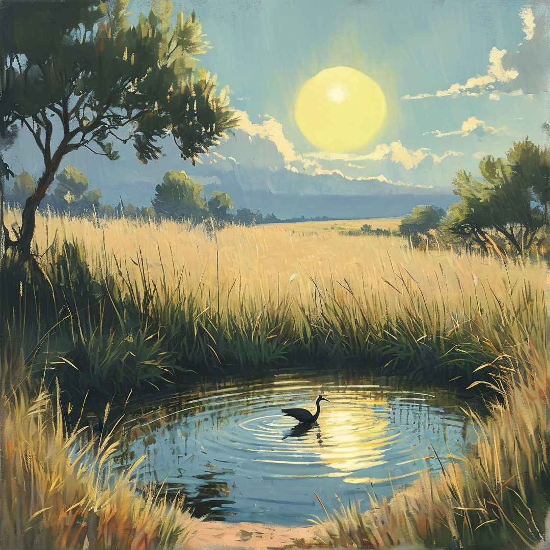 A black wading bird stands in a reedy marsh pond, bright sun light reflecting off water ripples beneath a pale blue sky