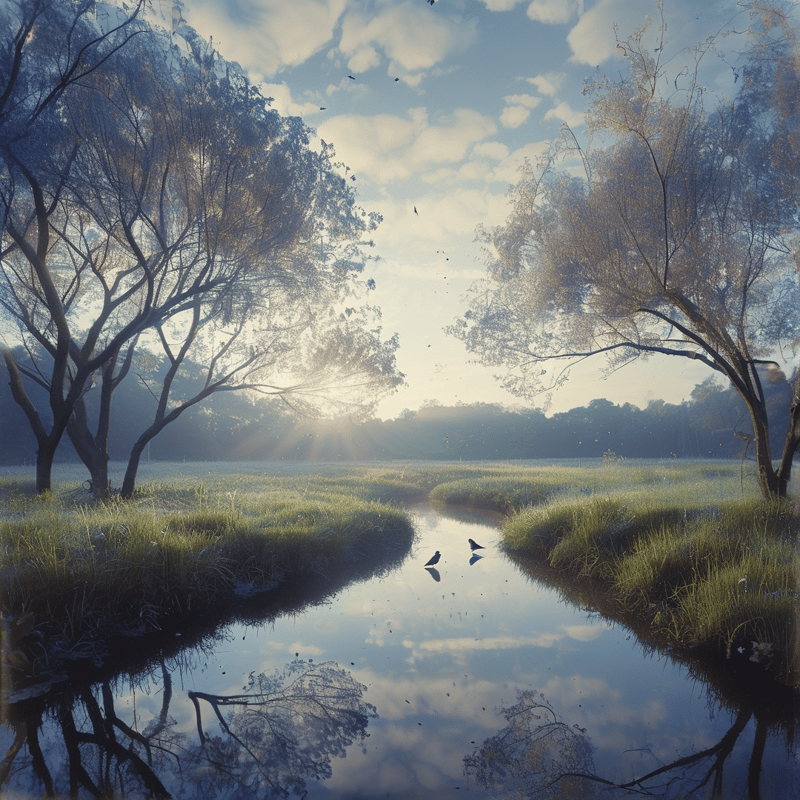 A tranquil river winds through a grassy meadow as bright sunlight filters through the trees and reflects on the water.