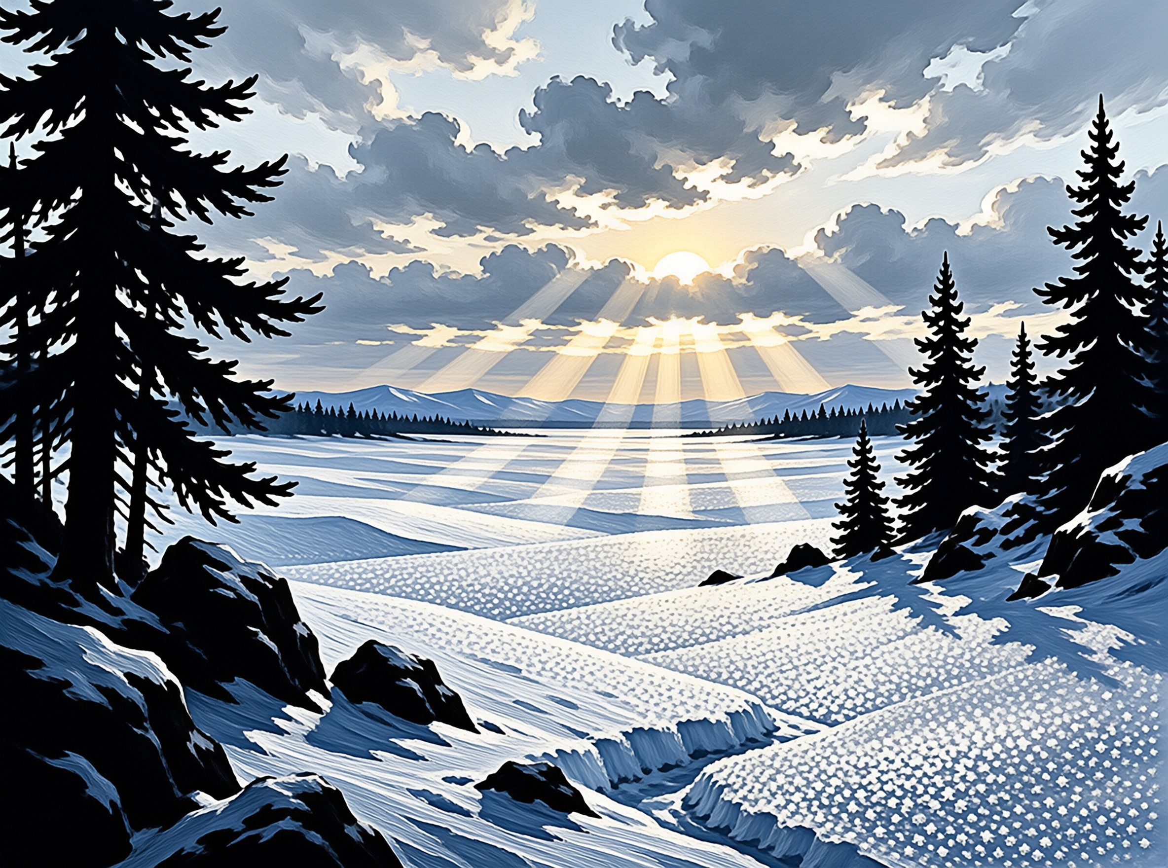 Dark pine trees frame a snowy field where golden sunbeams shine through clouds towards distant blue mountains.