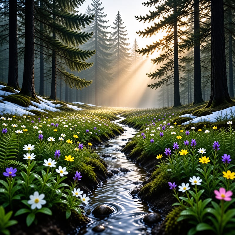 A stream winds through a mossy forest floor lined with wildflowers as sunbeams pierce through the tall trees.