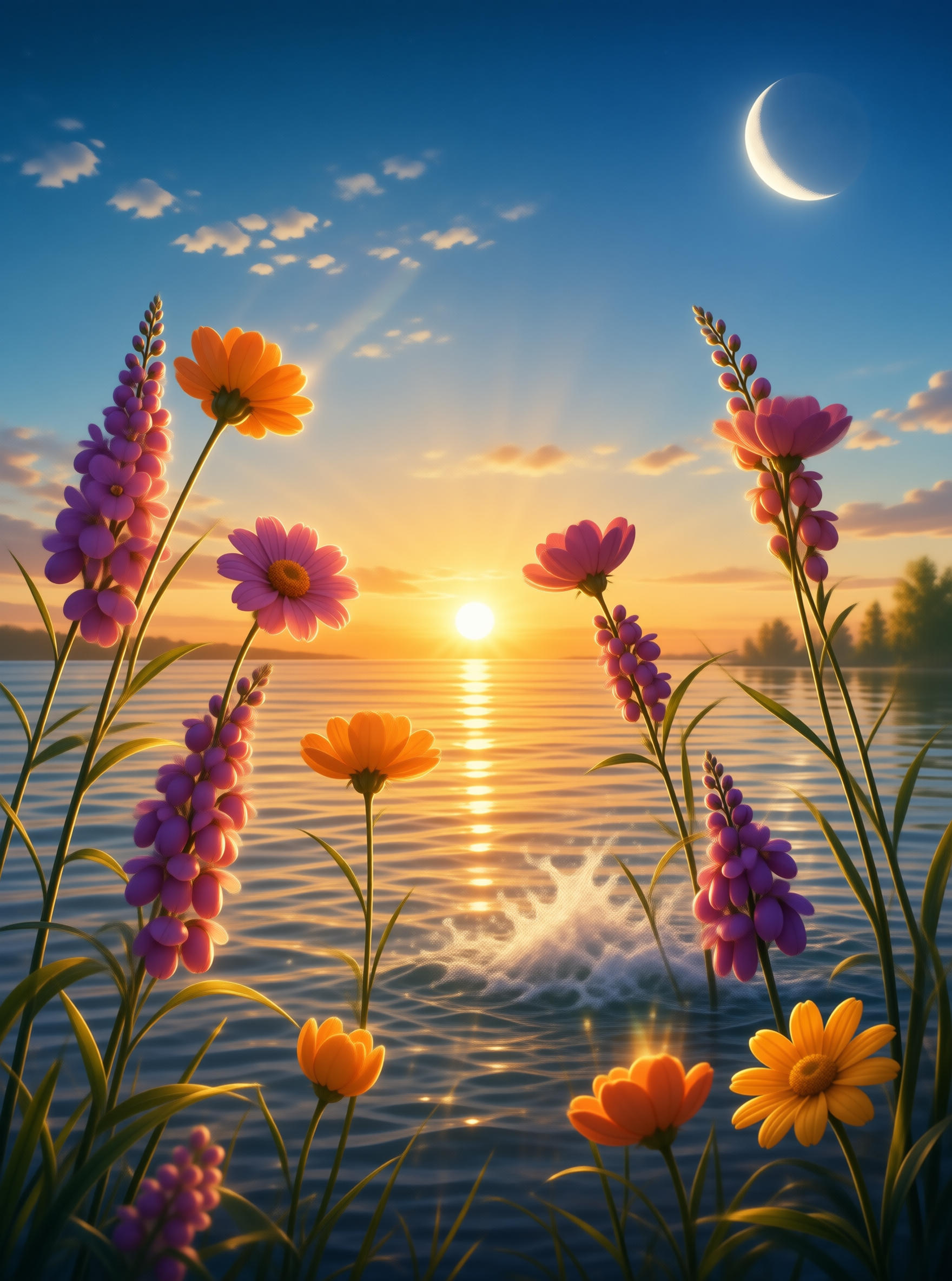Floral Lakeside Sunset