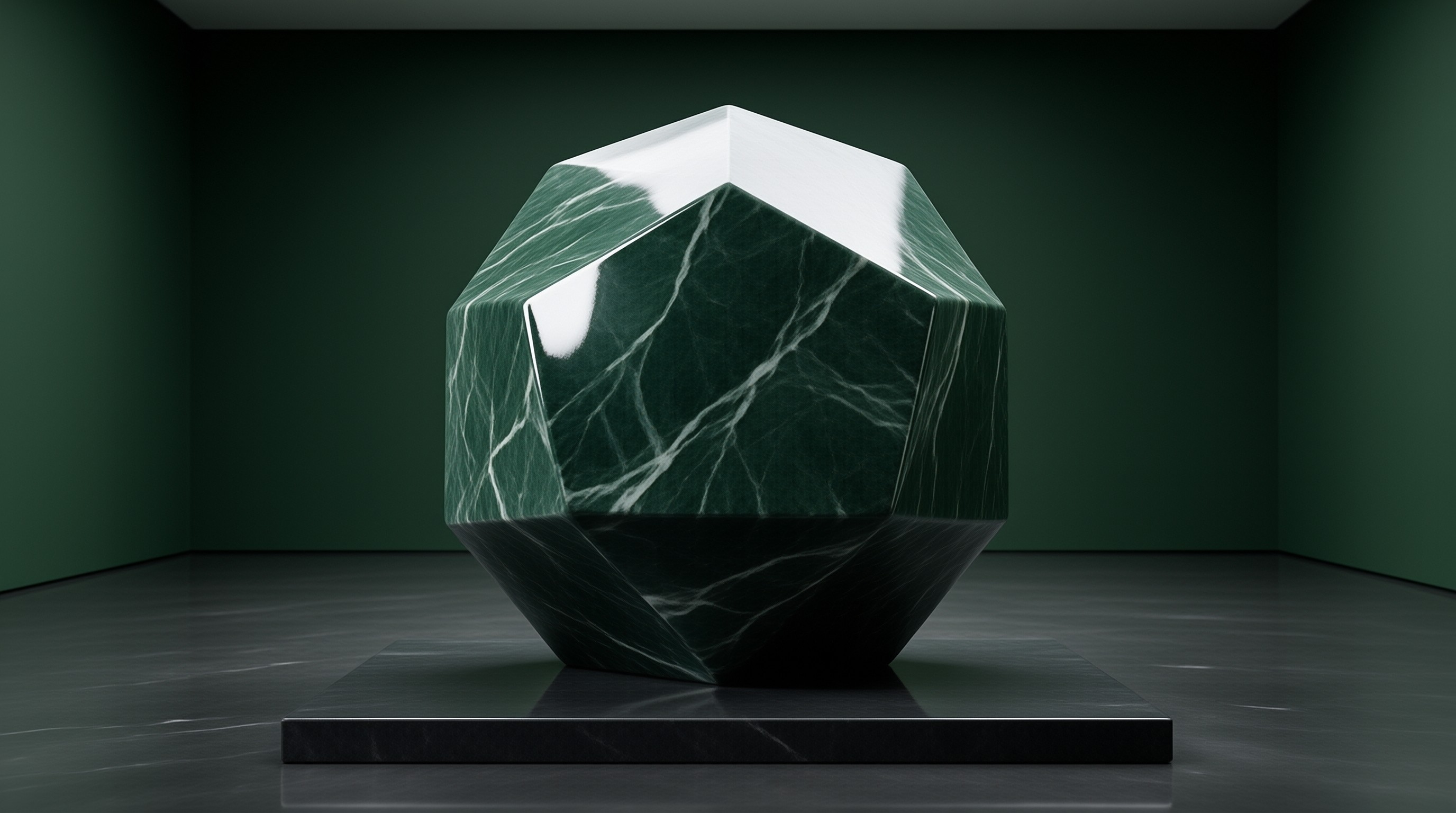 A polished green marble polyhedron rests on a square black base within a minimalist dark green room.