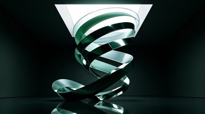 A glossy emerald ribbon twists upward through a dark chamber lit by a glowing square opening overhead