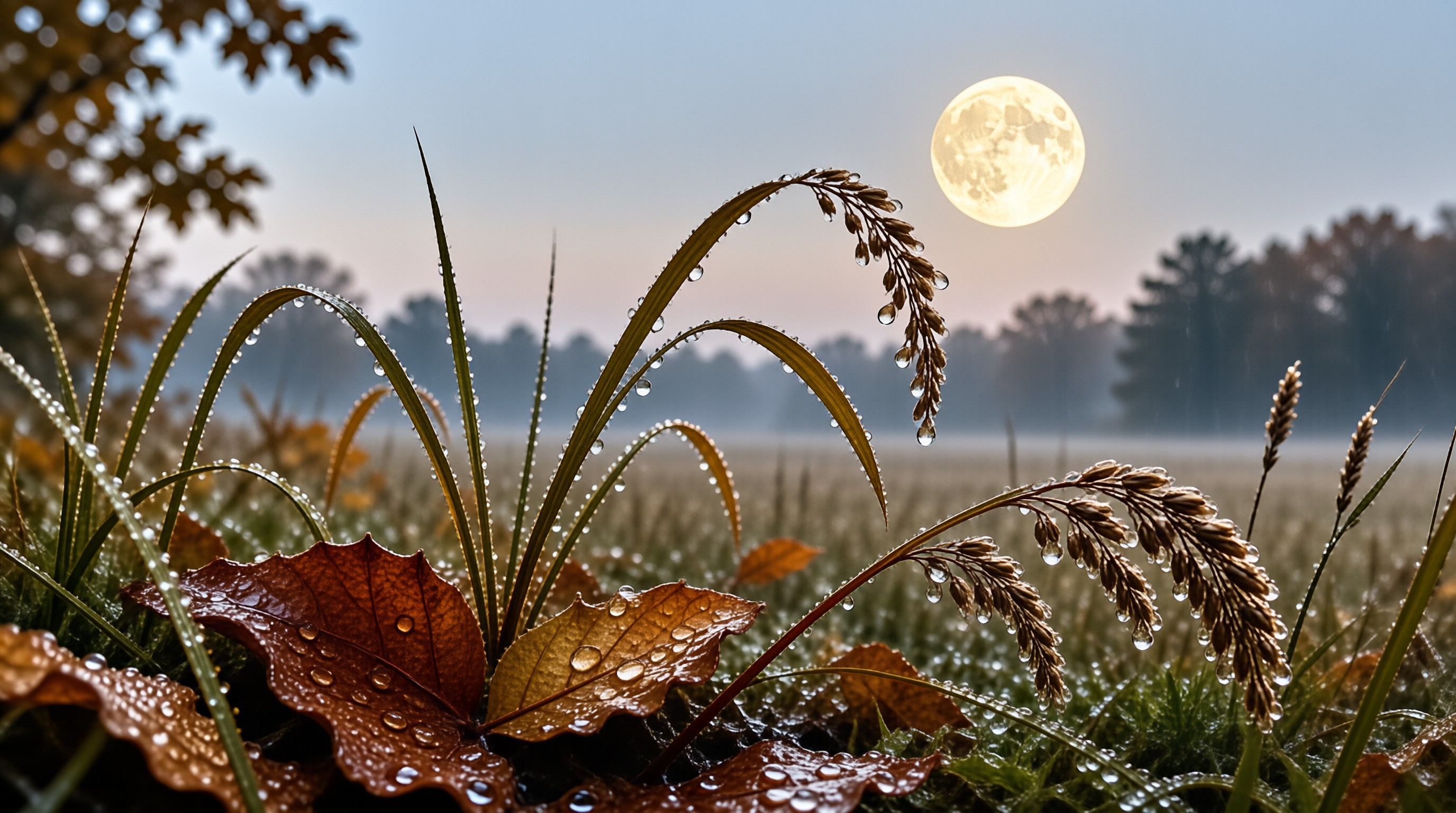 Dewy Grass and Full Moon