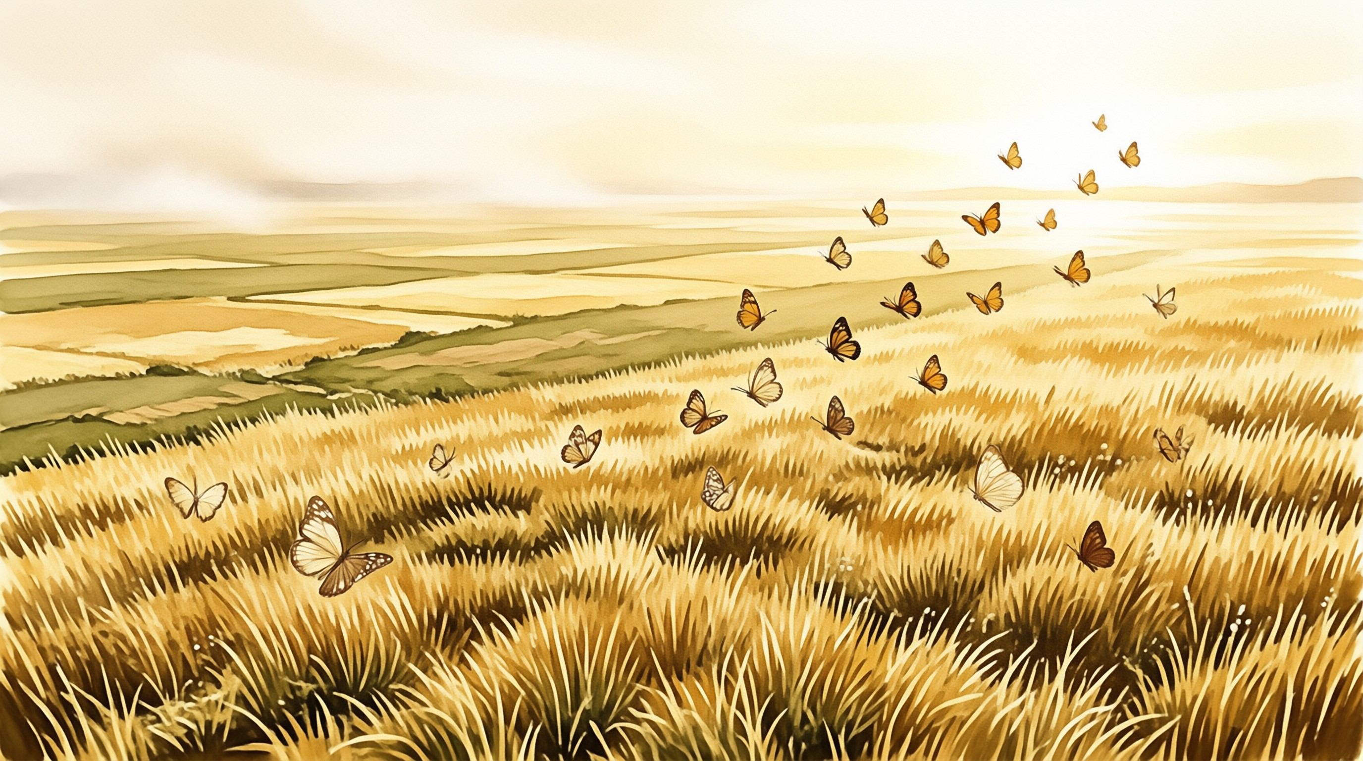 A warm watercolor meadow of tall golden grass, a loose flock of orange butterflies lifting toward hazy rolling hills.
