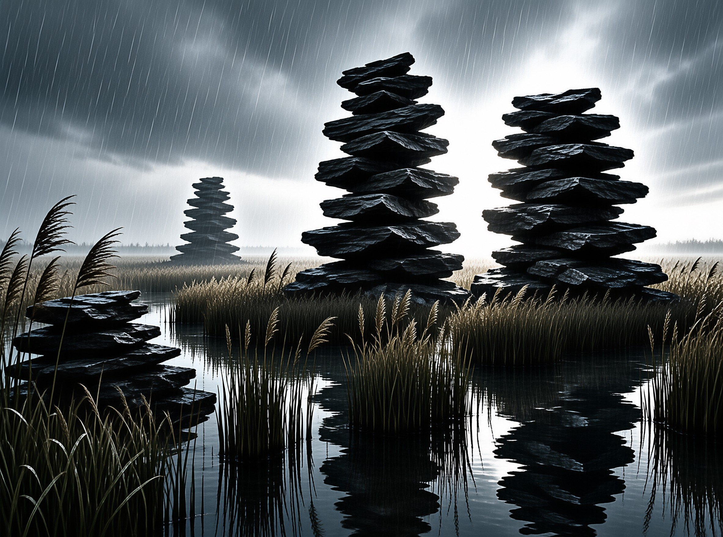 Dark balanced stone stacks rise from a wet marshland filled with tall reeds under a heavy rainy sky.