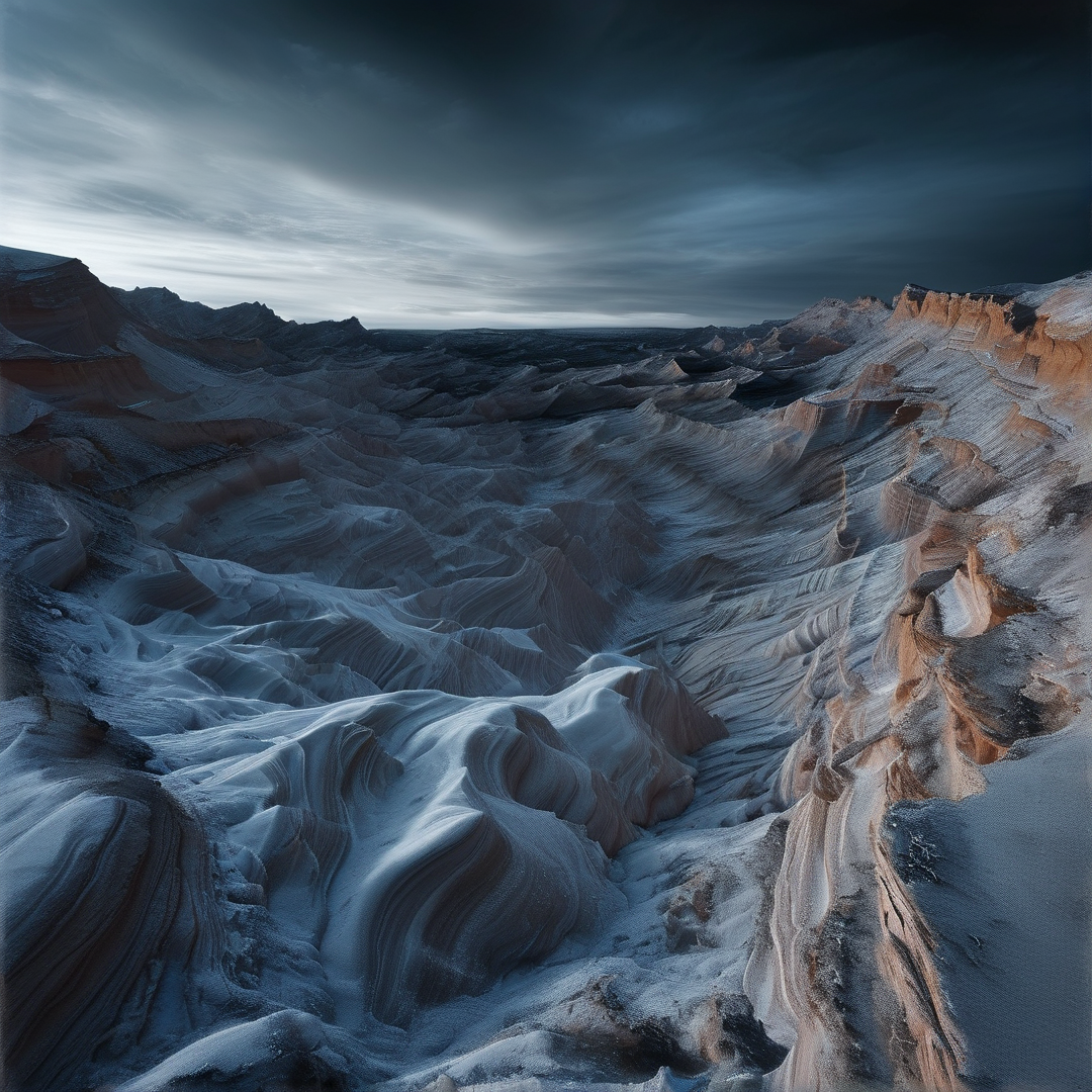 Eroded sandstone dunes stretch to the horizon under an overcast sky, with muted blue and rust rock layers.