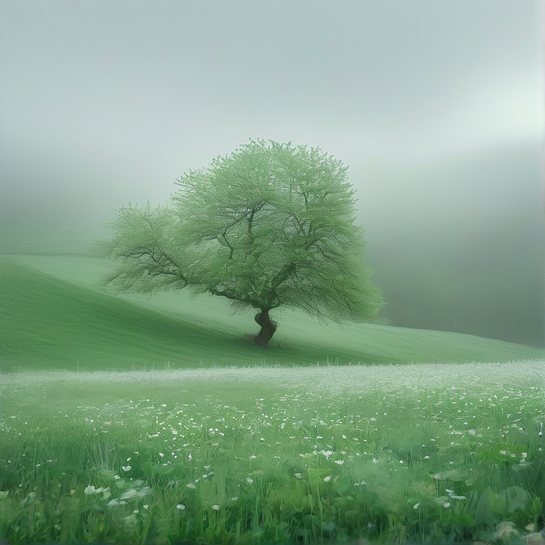 Solitary Tree in Misty Field