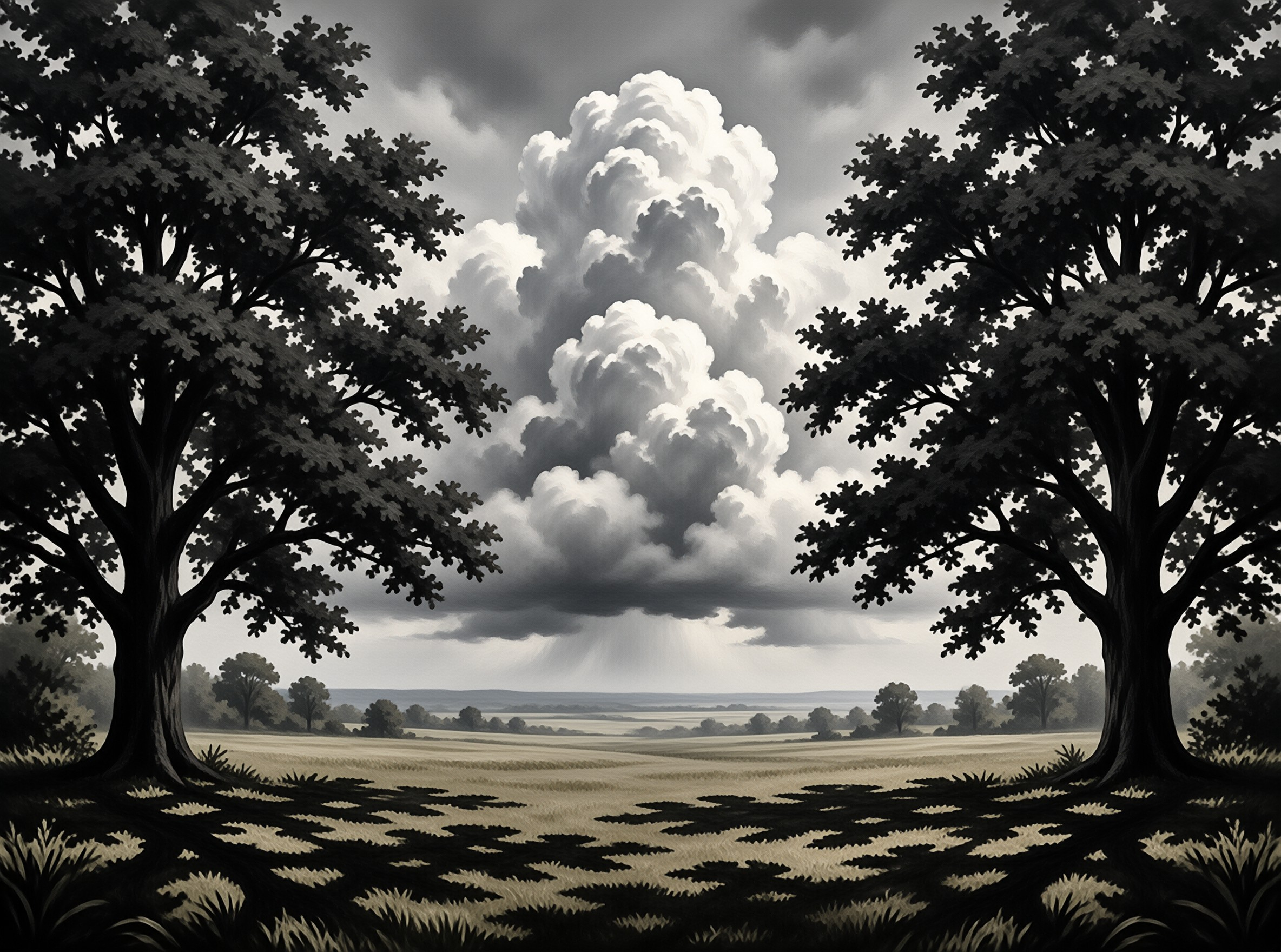 Two large trees frame a wide open field with sunlight breaking through a massive cloud formation.