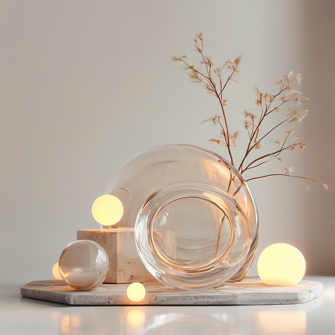 A clear glass vase rests tilted beside frosted spheres and glowing orbs with dry branches on a stone platform.