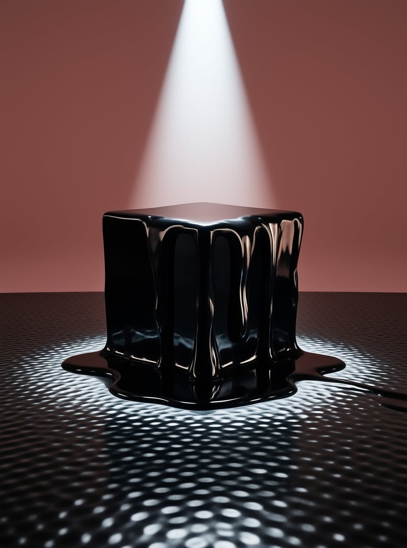 A shiny black cube melts onto a perforated surface as a vertical beam of light illuminates it from above.