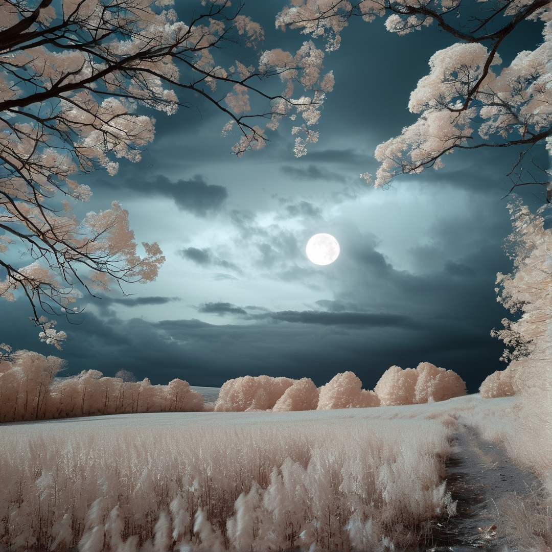 Pale pink frosted cherry branches frame a bright full moon above a snow covered meadow under moody deep blue skies.