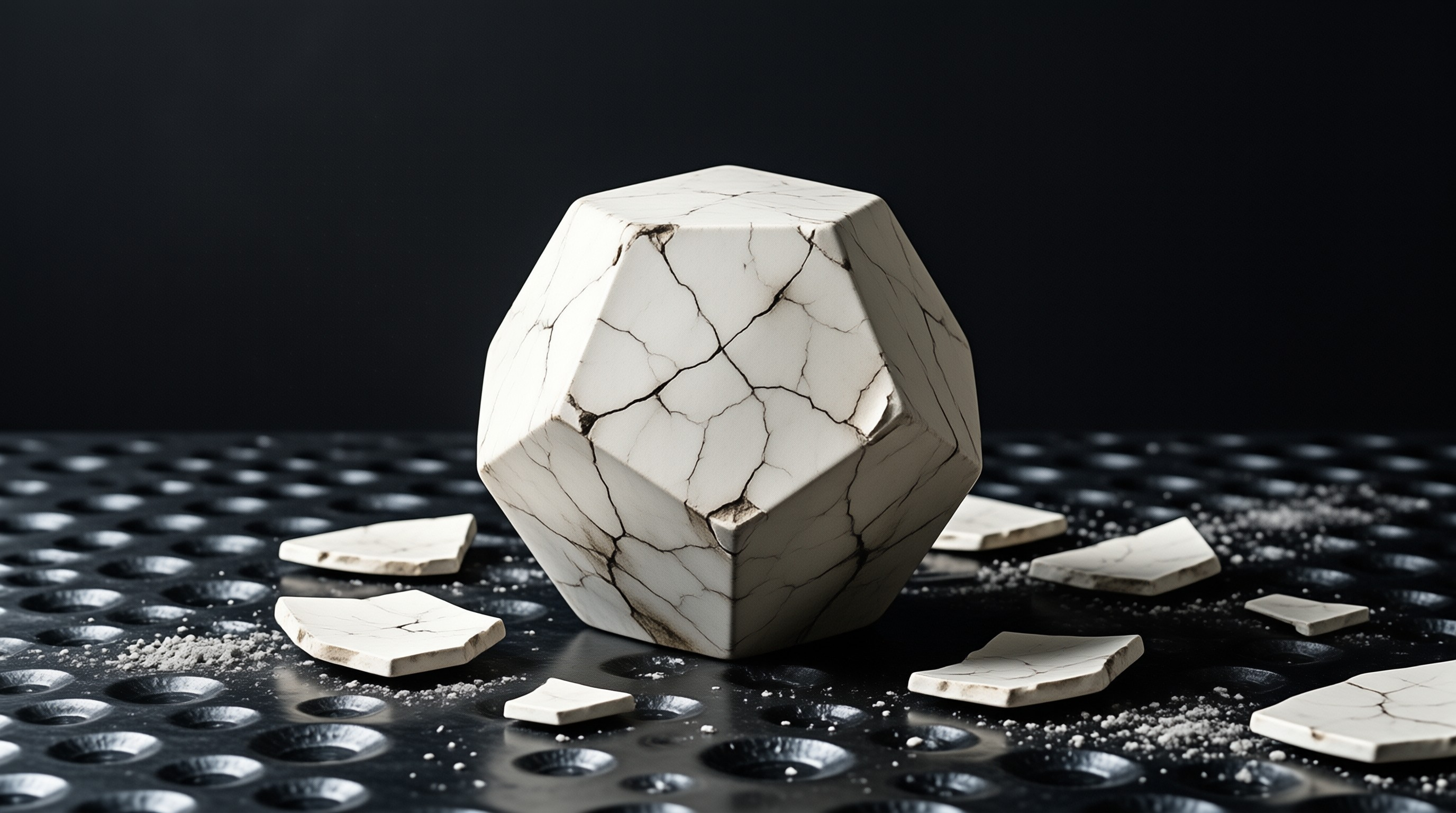 A faceted off-white shape with dark fracture lines stands on a black textured base while broken fragments scatter across the ground beneath dramatic lighting