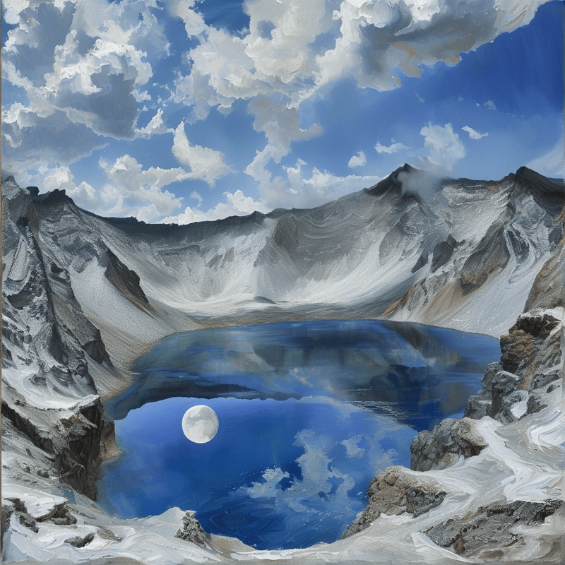 A deep blue alpine pool sits inside grey volcanic walls, holding a pale moon disc amid drifting summer clouds.
