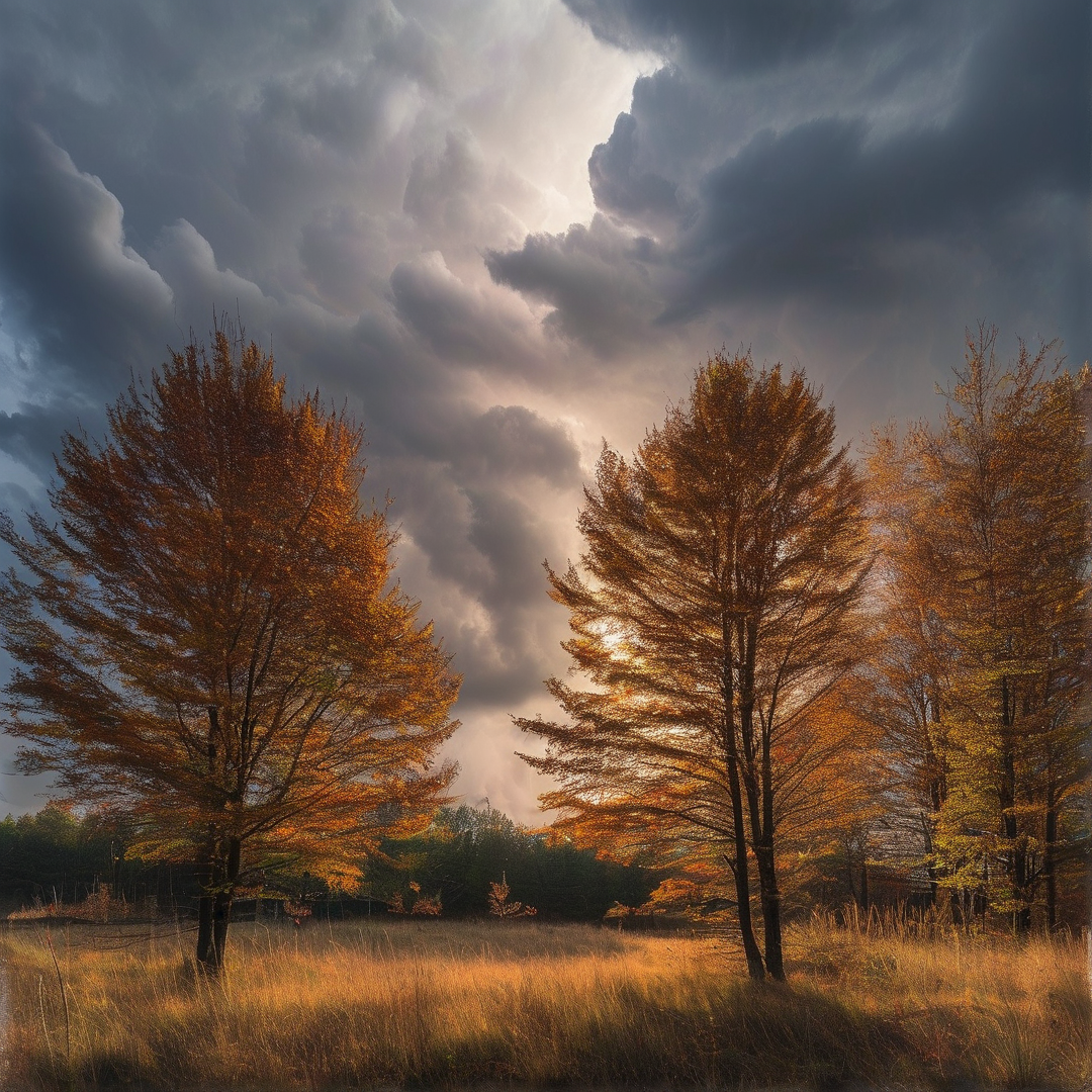 Golden autumn trees stand tall in a grassy meadow while sunlight breaks through heavy dark clouds above.