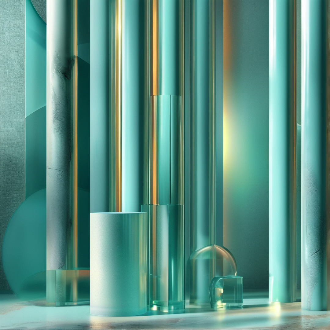 A cluster of teal geometric shapes including cylinders and cubes stands amidst soft glowing golden reflections.