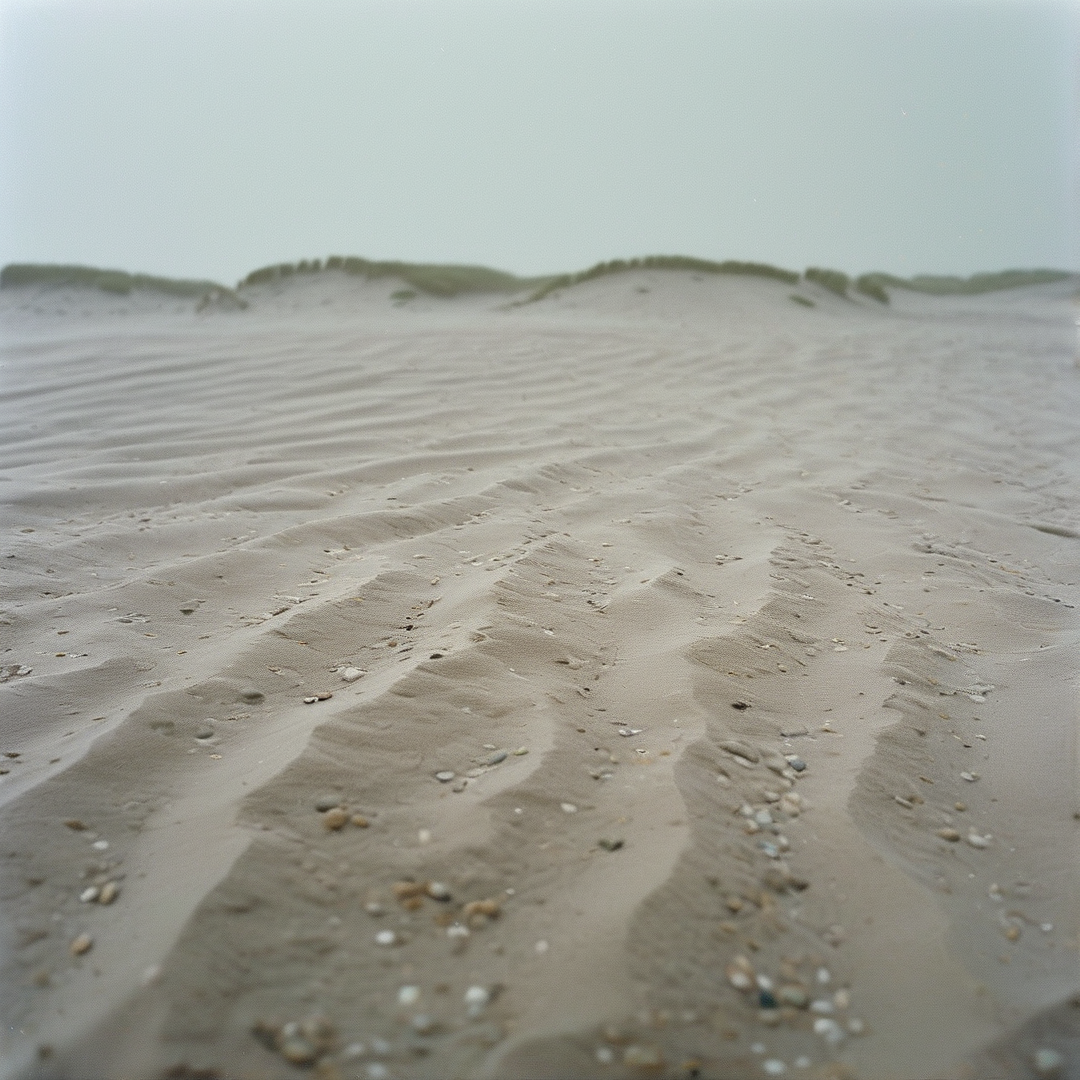 Textured sand ripples dotted with small pebbles stretch towards distant dunes under a hazy grey sky.