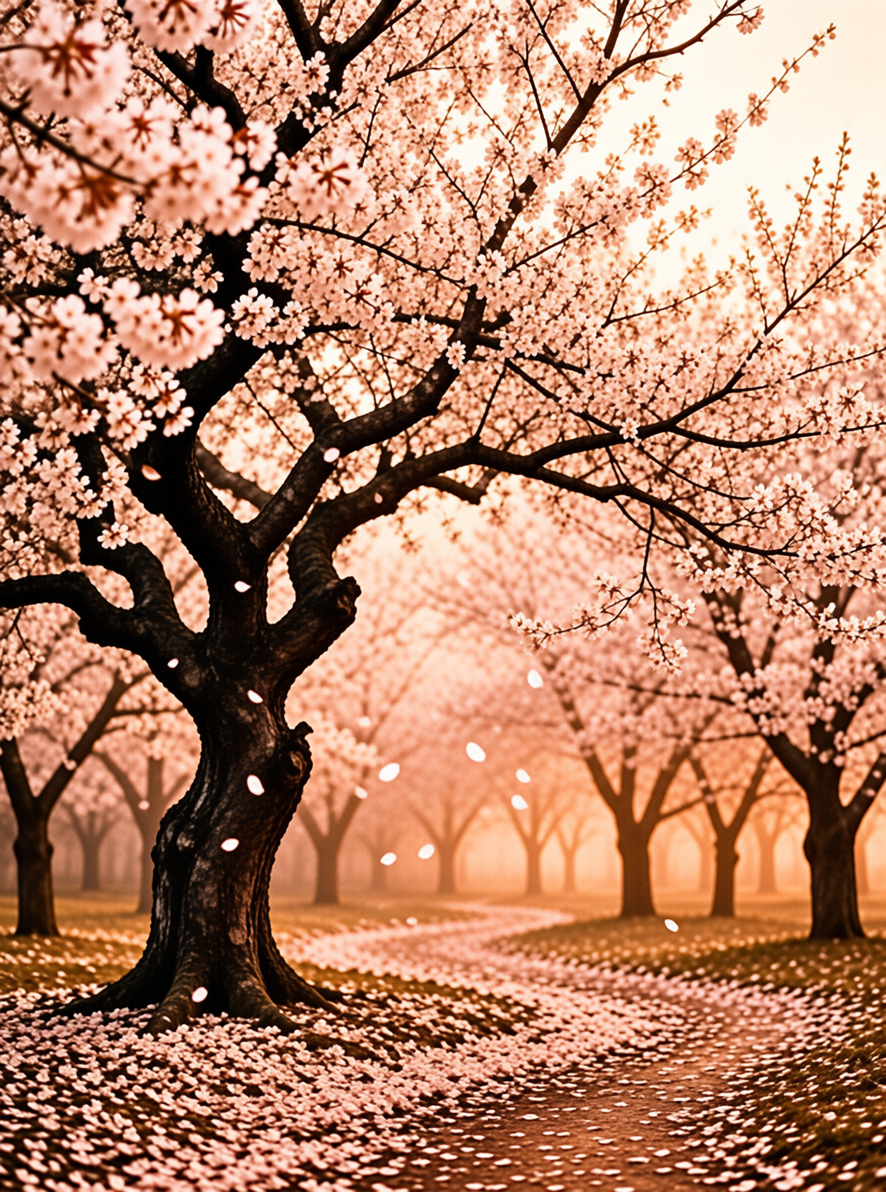 A mature tree with dark bark and light pink flowers stands in a grove where warm sunlight filters through falling petals.