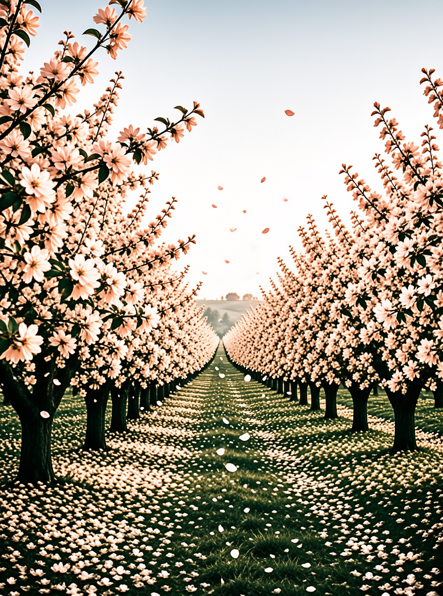 Rows of blossoming trees frame a grassy path leading to a distant horizon under a bright soft sky.