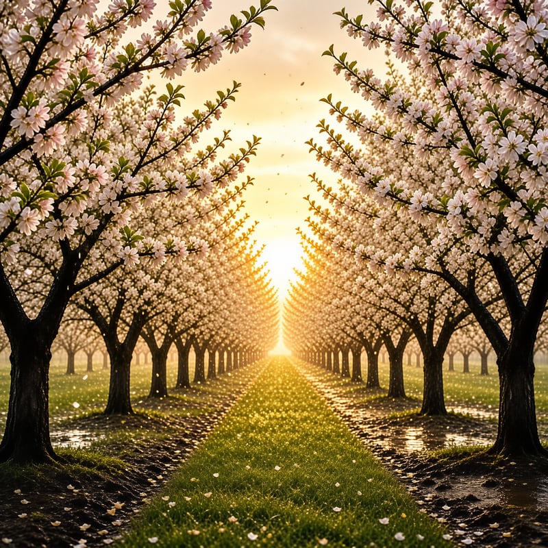 Rows of flowering trees line a grassy path leading toward a bright sunrise.