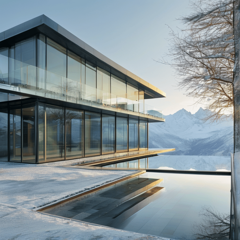 Sleek glass building extends over a snowy landscape as warm light highlights wooden terraces and distant mountain peaks.