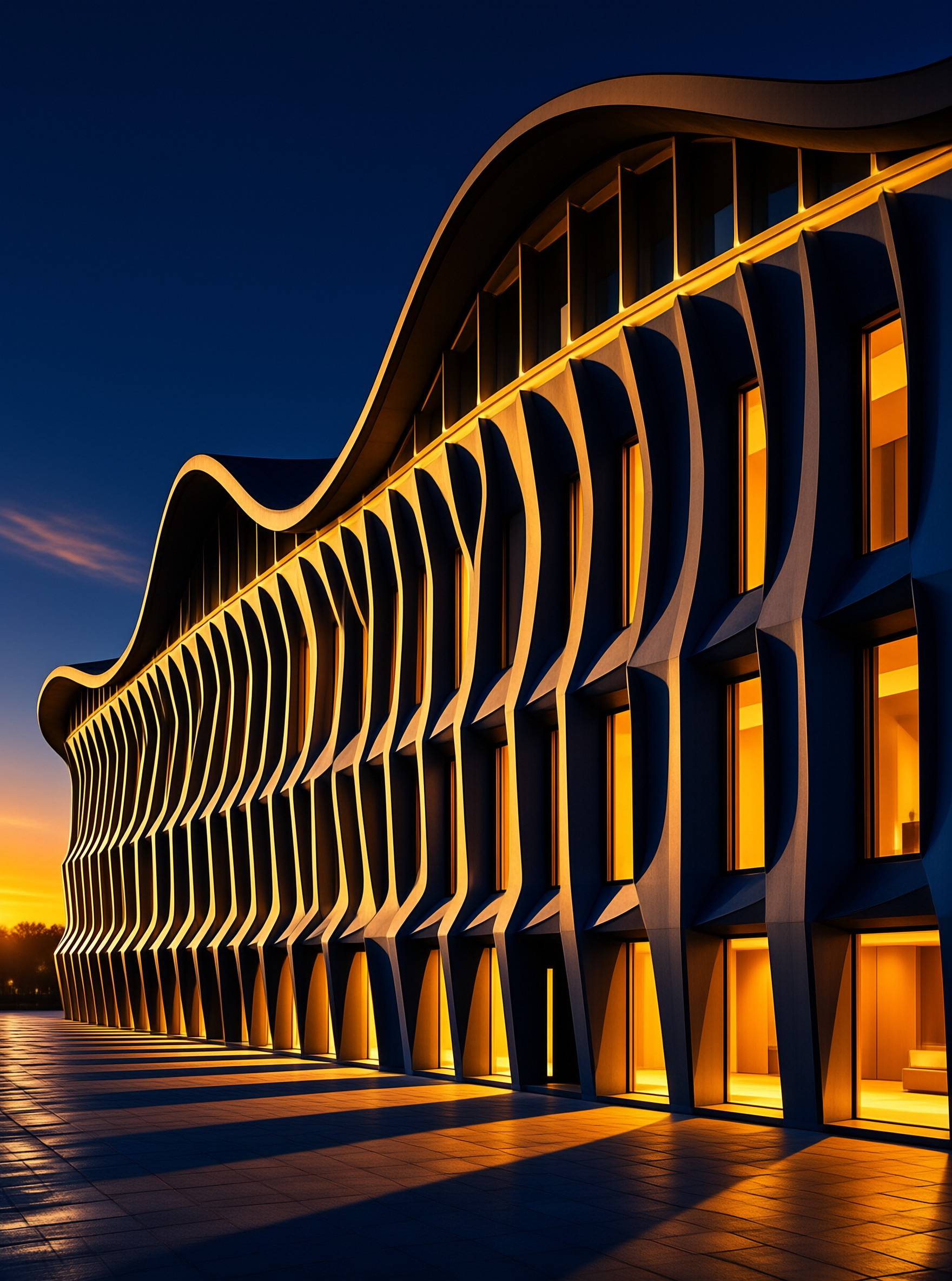 A massive wavy building emits warm yellow light through its windows against a fading blue dusk sky.