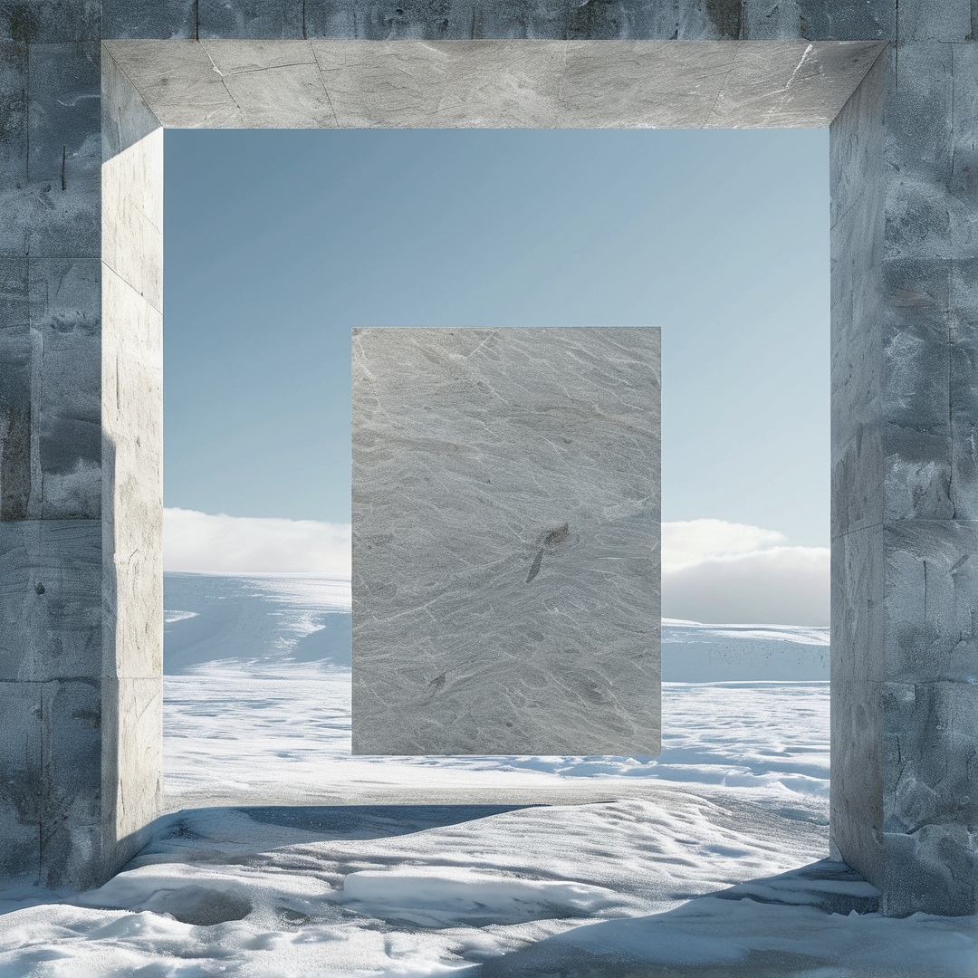 A massive stone gateway frames a levitating rectangular slab above a snowy ice field under a pale blue winter sky.