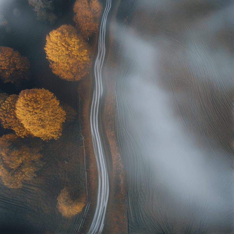 Top-down aerial view of a narrow lane bending between golden treetops while fog drifts over dark autumn fields.