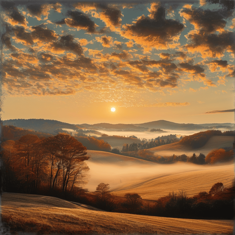 Sunrise illuminating misty valleys and rolling hills filled with autumn trees and dramatic clouds.