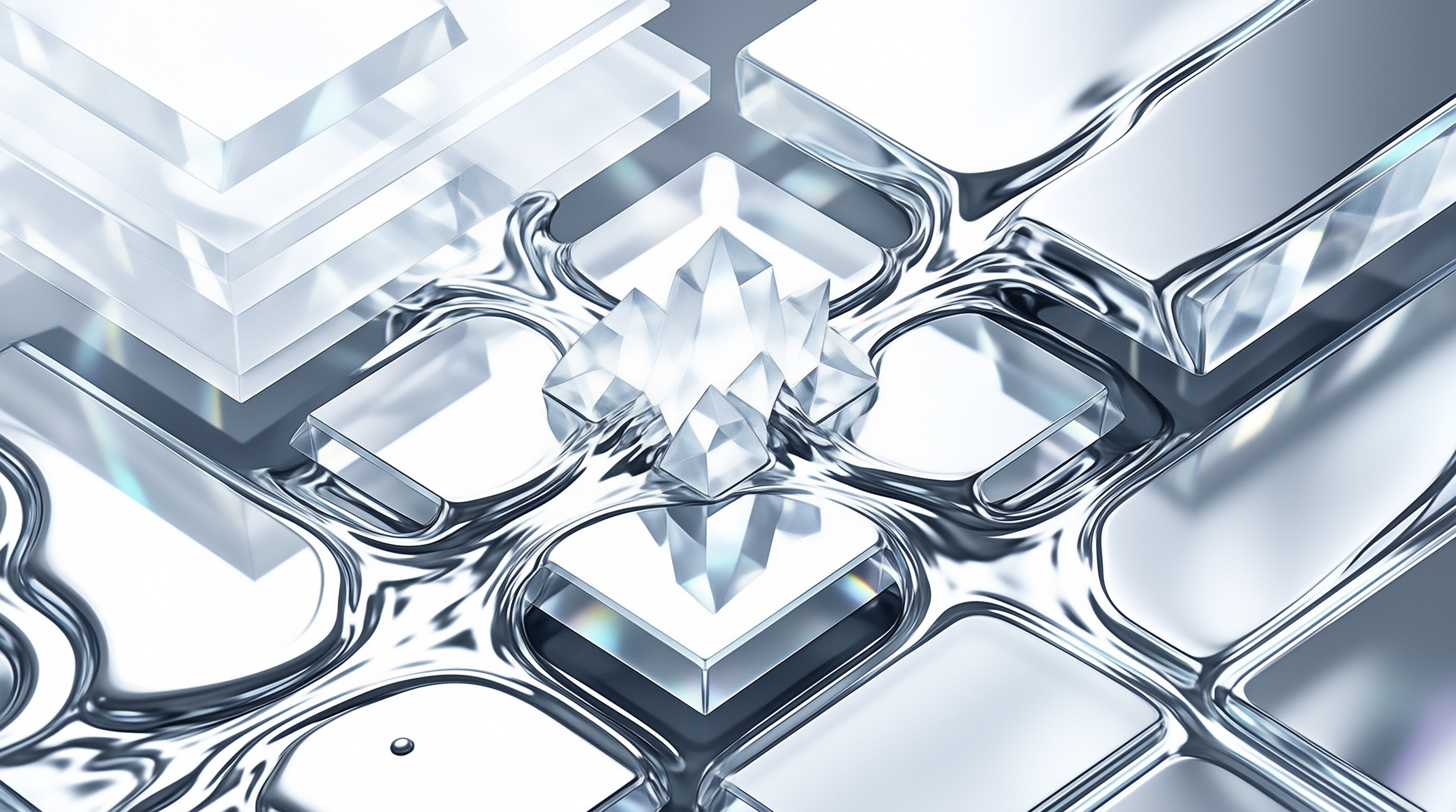 Sharp translucent crystal formations rise from a glossy silver liquid surface catching bright light.