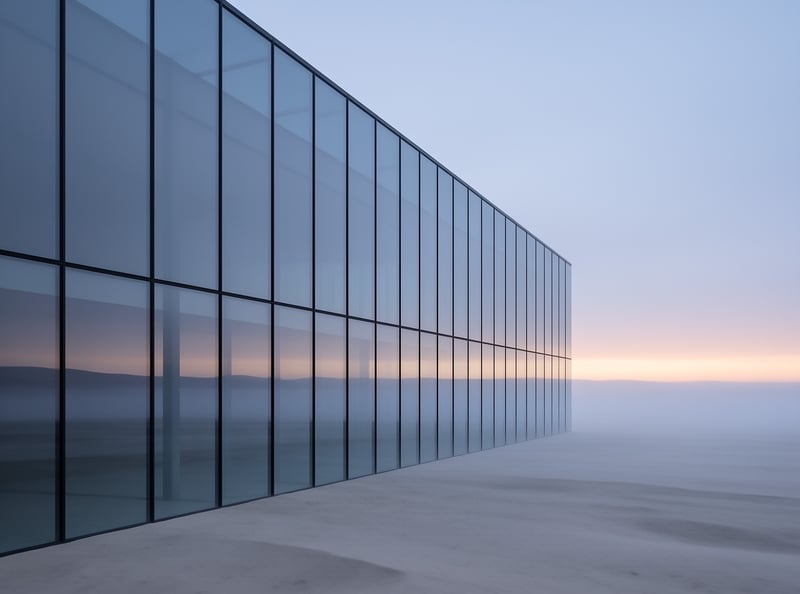 A long wall of blue glass panels mirrors a fading pink sunset across an empty desert floor.