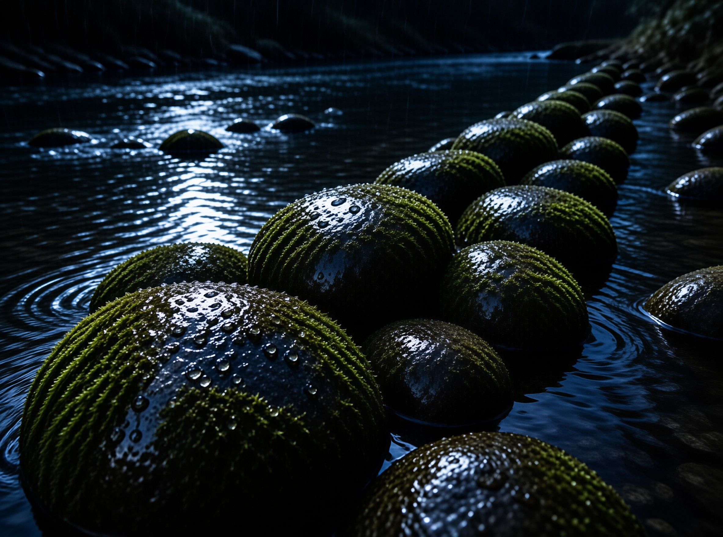 Mossy Stones in Rainy Stream