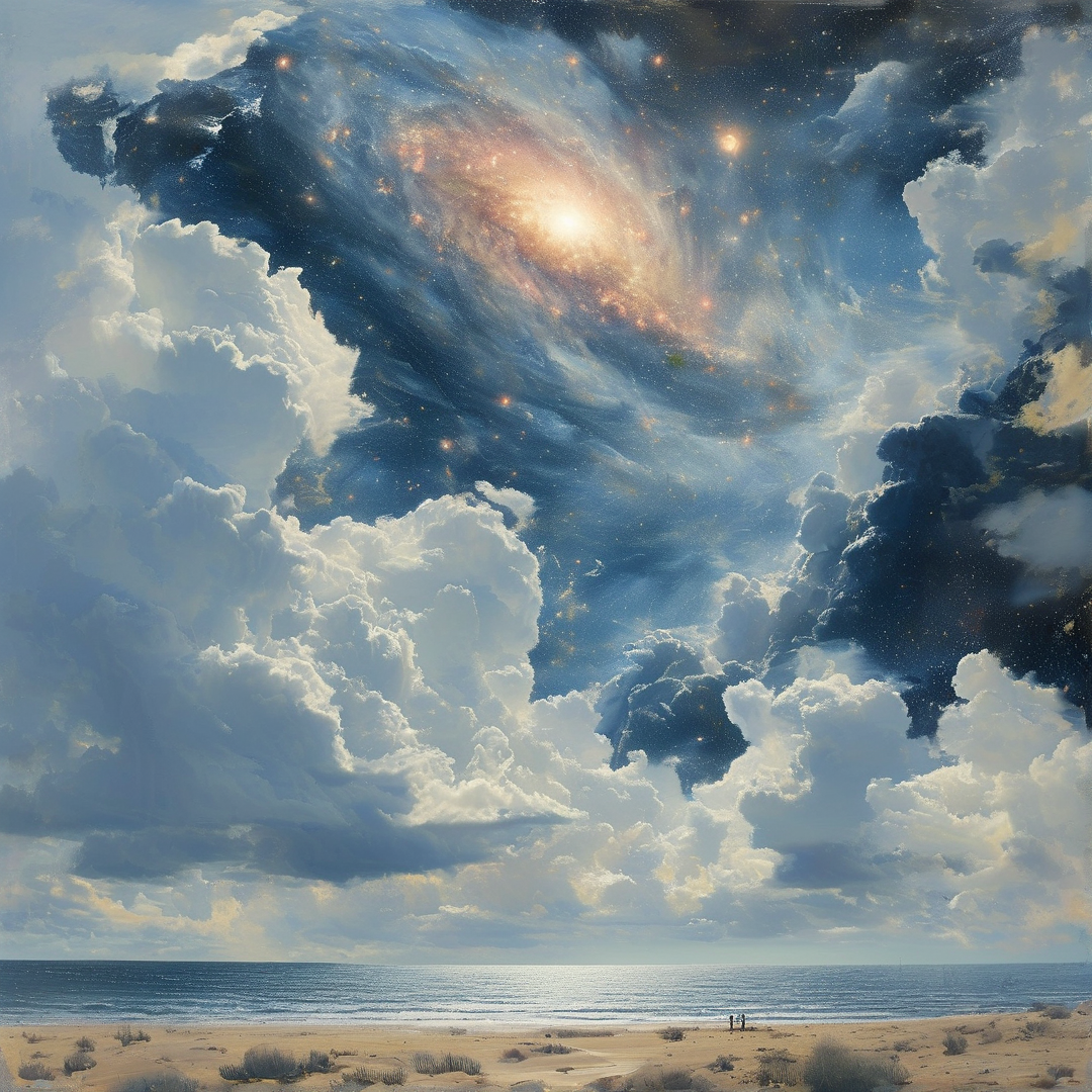A massive spiral galaxy shines brightly through a break in the thick clouds over a quiet sandy beach and ocean horizon.