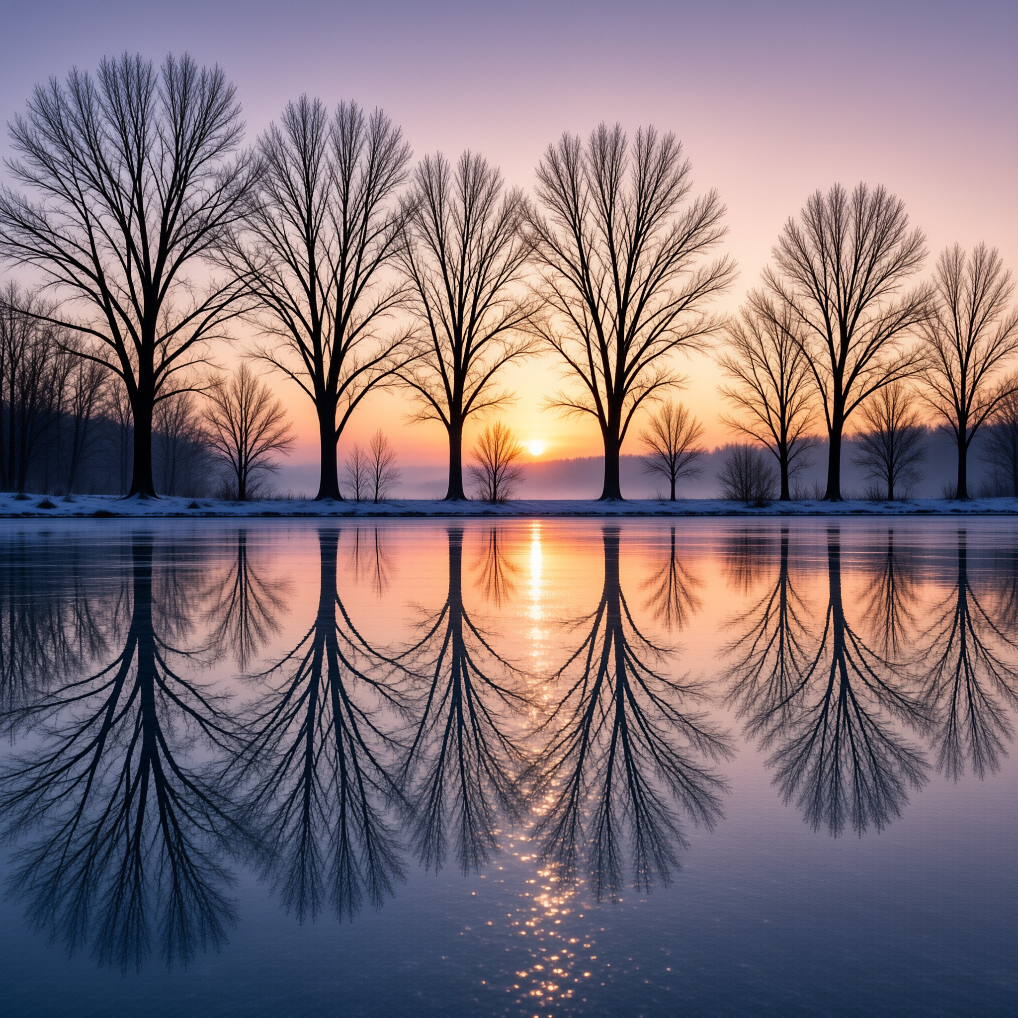 Winter Sunset Lake Reflection