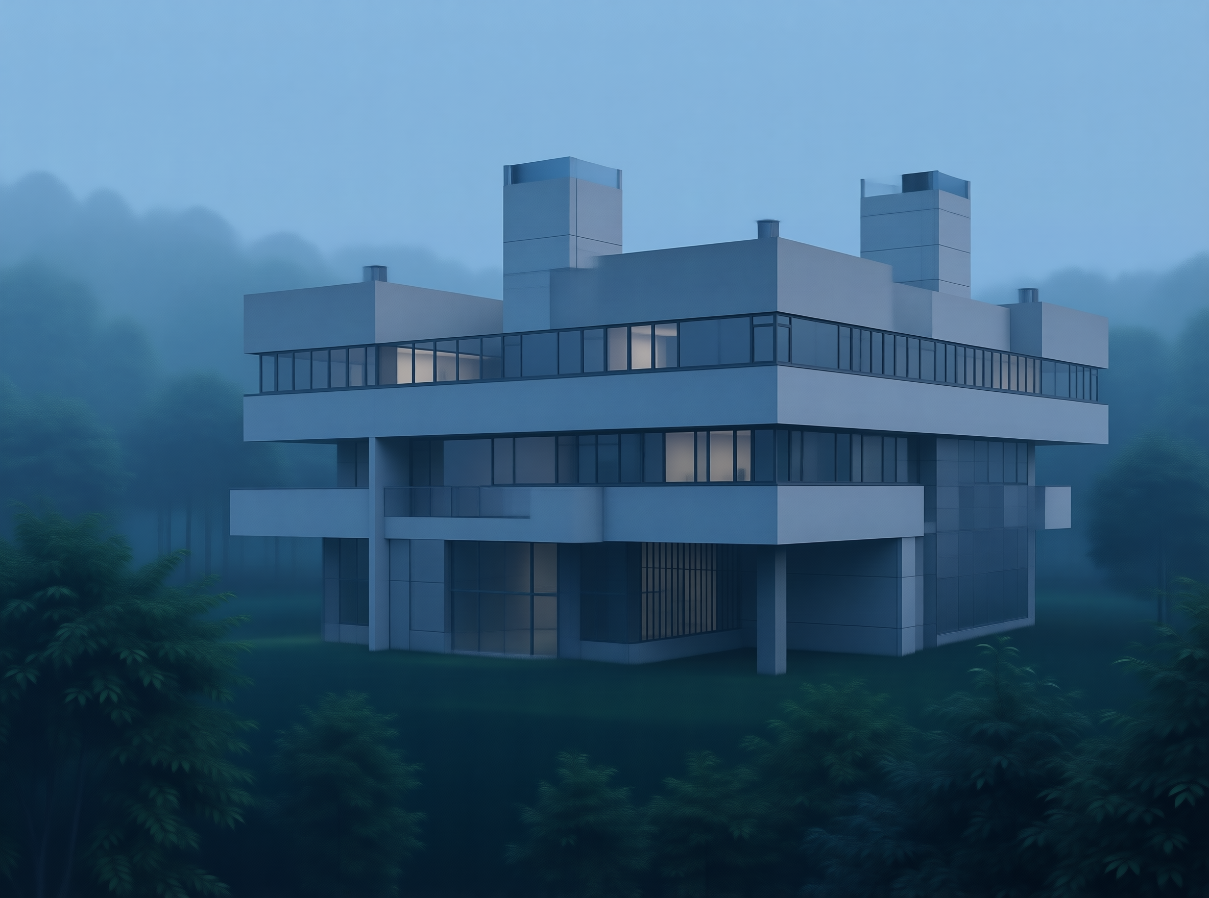 Foggy Modernist Villa at Dusk