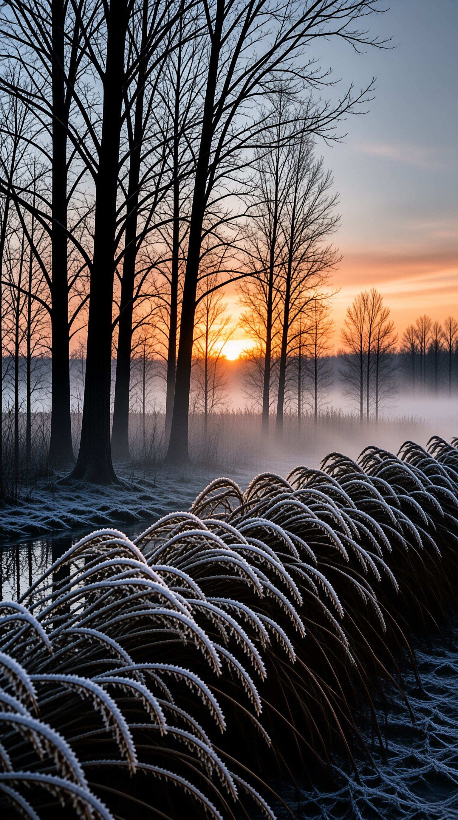 Curved grasses coated in white frost sit in the foreground while bare trees stand in mist against a bright orange sunrise.