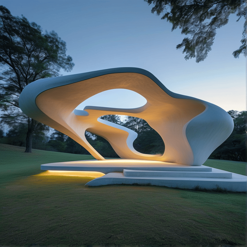 A softly glowing organic white open structure sits on a gentle sloping lawn at dusk surrounded by mature trees with warm interior lighting.