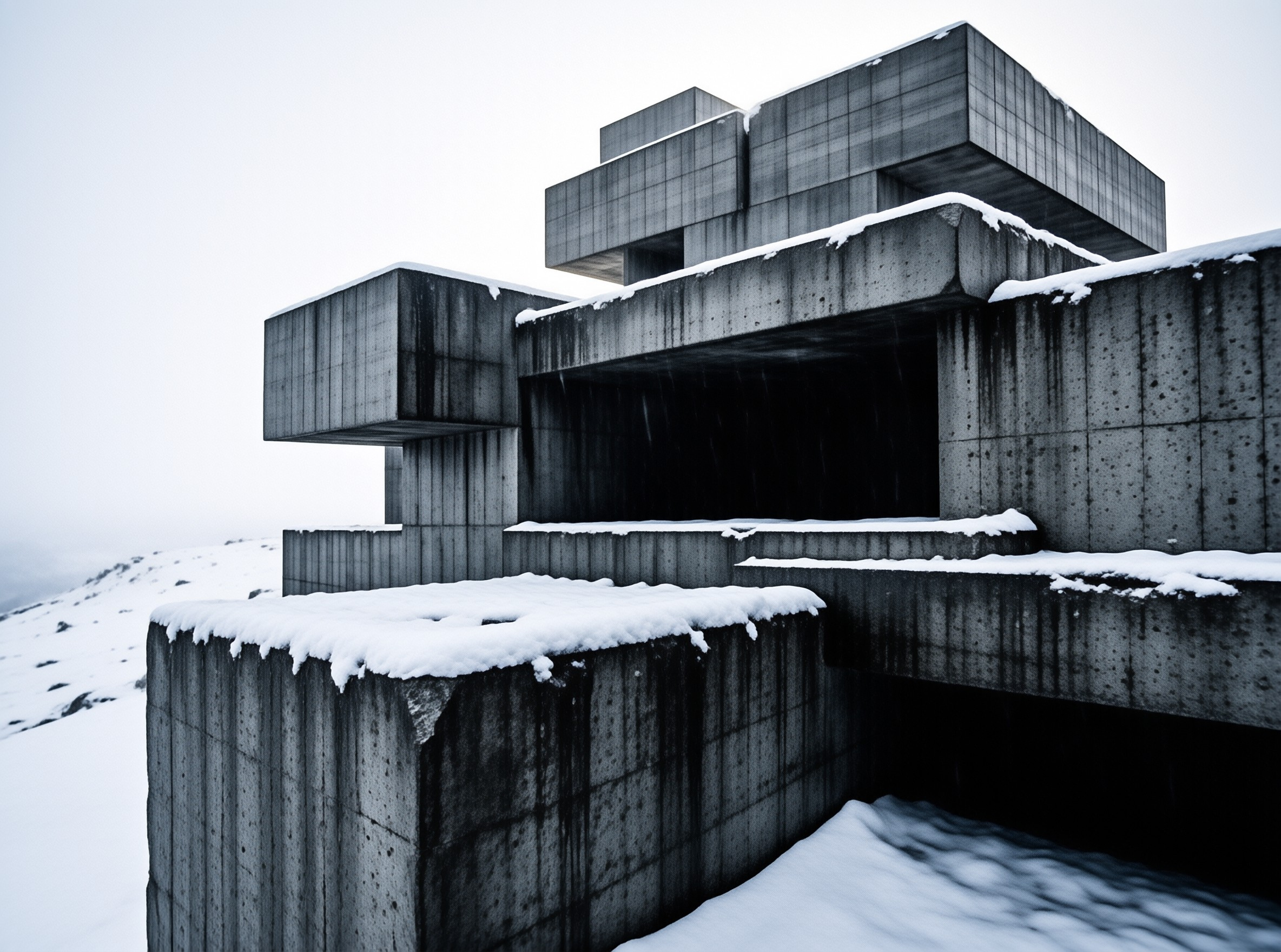 Massive raw concrete blocks form a geometric structure covered in thick snow against a white overcast sky.