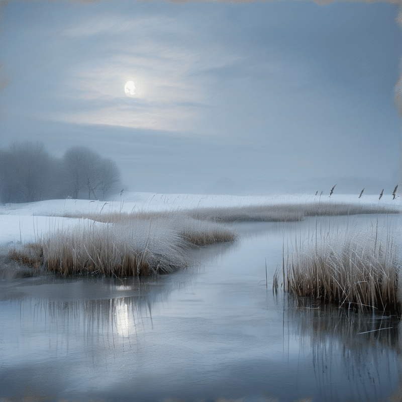 Frost covered reeds rise from a frozen blue river under a pale sun reflecting on the icy water surface.