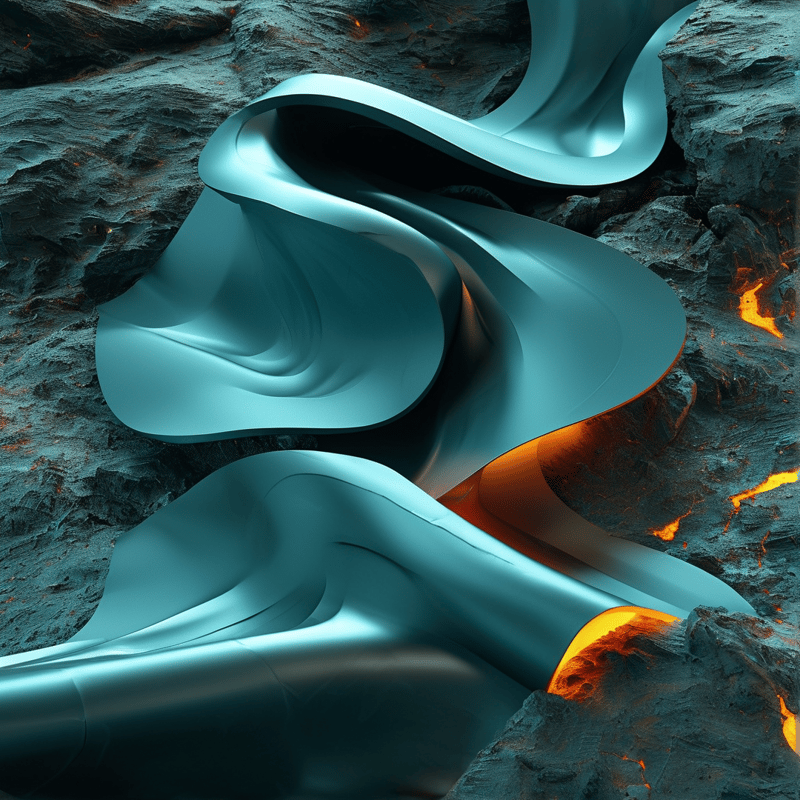 A smooth blue metallic structure winds through dark rocky terrain illuminated by bright orange lava cracks.