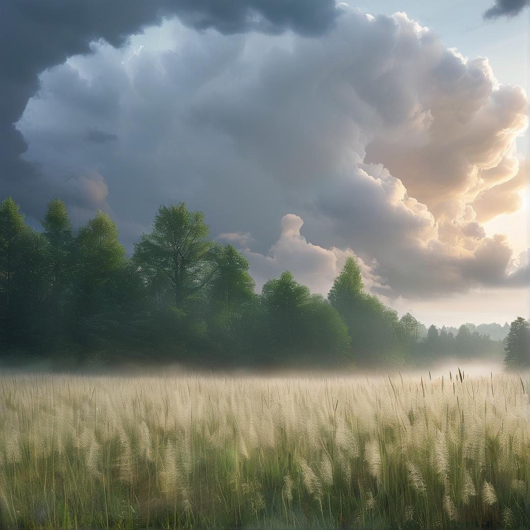 Misty Field Under Clouds