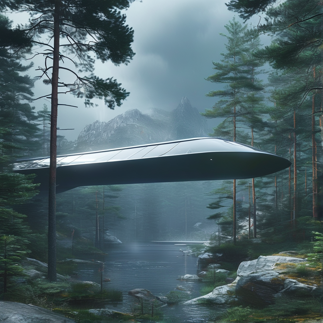 A sleek metallic saucer hovers above a tranquil lake surrounded by towering pine trees under a foggy sky
