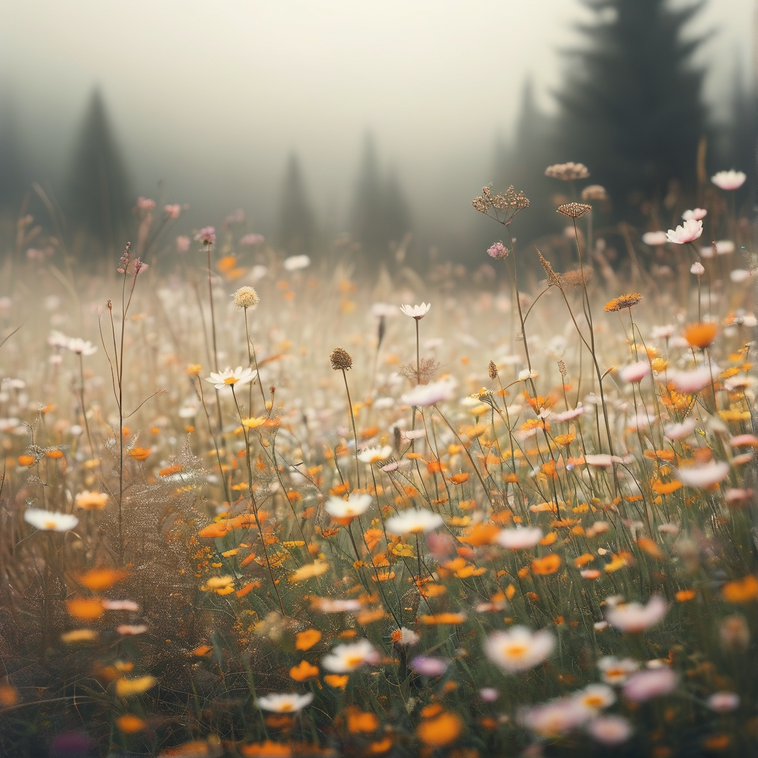 Misty Wildflower Landscape