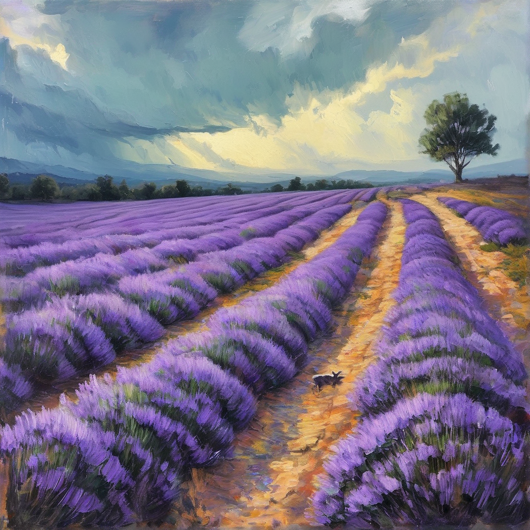 Sunlit rows of purple lavender extend across a countryside plain, with a small dog on the dirt path between them, a solitary tree to the right and heavy clouds gathering overhead.