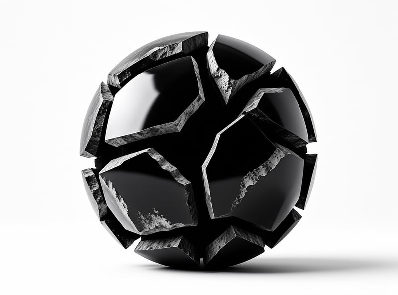 A glossy black sphere that has broken apart to reveal rough grey inner surfaces against plain white space.